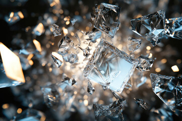 Poster - Shattered glass cubes explode in a dramatic, slow-motion burst of sharp fragments.