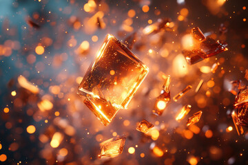 Poster - Glowing amber crystals float and shimmer amidst a dark, bokeh-filled background.