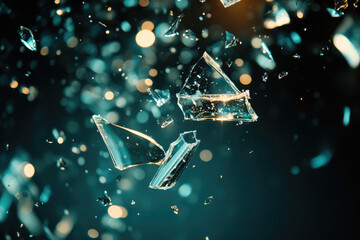 Poster - Shattered glass fragments suspended in mid-air against a dark teal background, illuminated by bokeh lights.