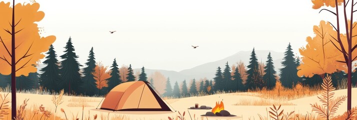 Poster - Peaceful camping experience in nature with autumn colors and a cozy campfire. Generative AI