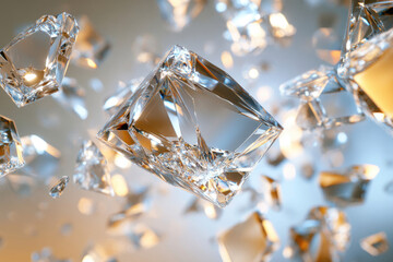Poster - Shattered crystals, sparkling and translucent, float in mid-air, catching the light.