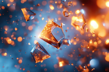 Aufkleber - Glowing shards of glass or crystals float in a dark blue space with bokeh lights.