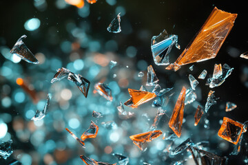 Poster - Shattered glass pieces in blue and orange hues, suspended in mid-air, creating a dynamic, abstract visual.