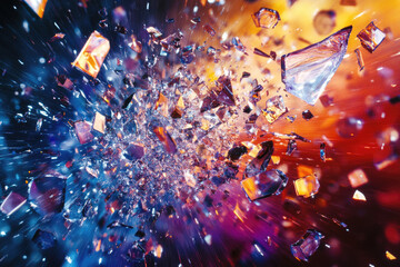 Poster - Shattered glass explodes in vibrant colors, a dynamic and colorful burst of fragments.