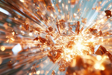Poster - An explosion of radiant, amber crystals, shards scattering in a dazzling, energetic burst of light.