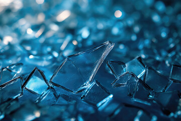 Aufkleber - Close-up of shattered blue glass, sharp fragments scattered, reflecting light.