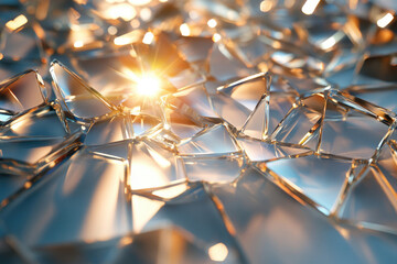 Poster - Shattered glass fragments illuminated by sunlight, creating a captivating abstract texture.