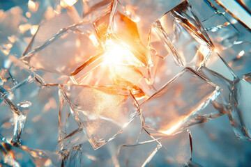 Poster - Shattered glass fragments illuminated by warm light, creating a mesmerizing abstract image.