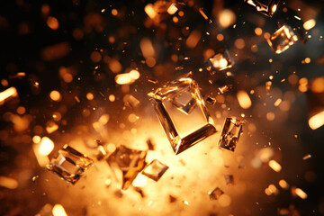 Poster - Shattered golden crystals explode in a fiery, dark background, creating a dynamic and visually stunning scene.