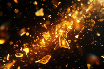Poster - Glowing shards of gold explode in a dark void, creating a dazzling, energetic spectacle.