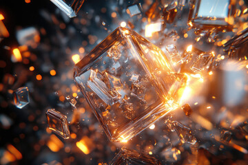 Poster - Exploding glass cube with fiery shards, a mesmerizing display of abstract destruction and energy.