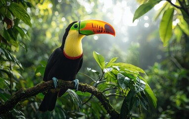 National Geographic Colorful Toucan perched on a twisted jungle vine, its massive beak shining in the humid tropical air