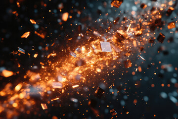 Poster - Fiery explosion of metallic fragments, incandescent sparks, and glowing embers in motion.
