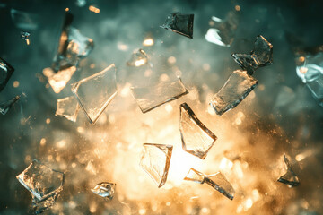 Poster - Shattered glass pieces suspended in mid-air, illuminated by a warm, golden light, creating a dramatic and fragmented visual.