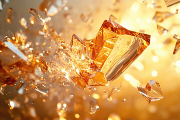 Poster - Shattering amber glass explodes in a radiant burst of light and fragmented pieces.