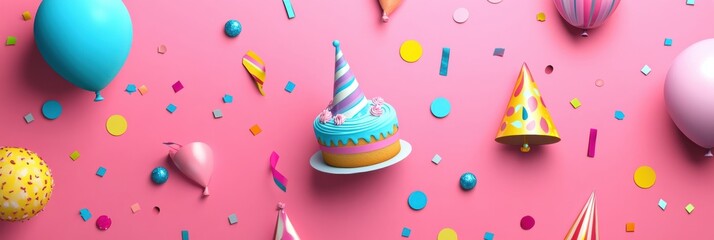 Poster - Colorful balloons, cake, and party hats create a festive atmosphere for celebration or event preparation. Generative AI