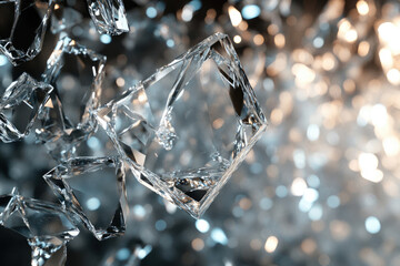 Poster - Shattered crystal fragments, glistening and multifaceted, float against a bokeh background.