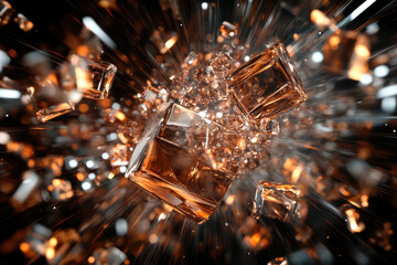 Poster - Amber glass cubes explode in a burst of light and motion, creating a dynamic and energetic visual.