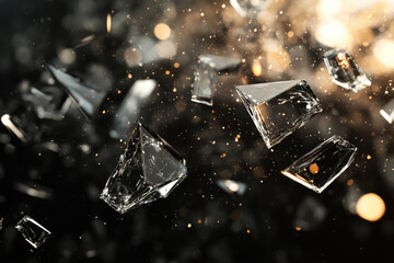 Poster - Shattered glass fragments, dark background, sparkling dust, abstract art.