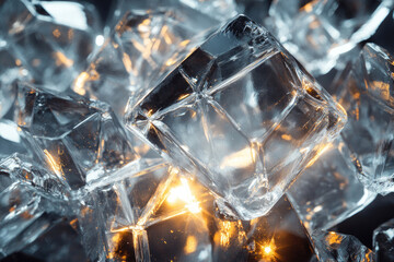 Poster - Close-up of glistening ice cubes, reflecting light, showcasing their crystalline structure and transparency.