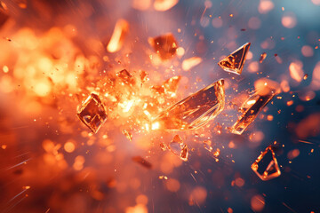 Aufkleber - Fiery explosion with shards of glass scattering in a dynamic motion, creating a captivating visual effect.