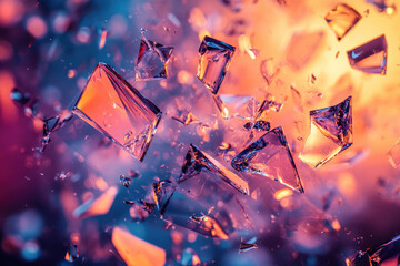 Poster - Shattered glass fragments suspended in mid-air, illuminated by vibrant, warm and cool tones.