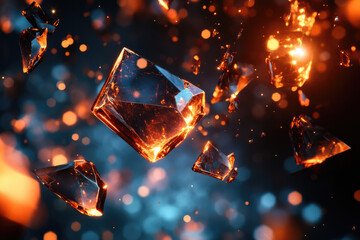 Poster - Glowing shards of glass explode in a dark, bokeh-filled space, creating a fiery, dynamic scene.