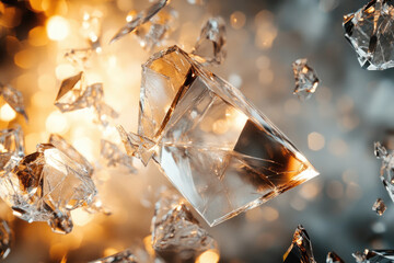 Poster - Shattered crystal prism, fragments floating in golden light, artistic visual.