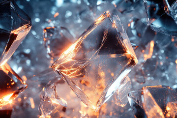 Poster - Shattered crystals glowing with fiery orange light, a mesmerizing abstract image of destruction and beauty.