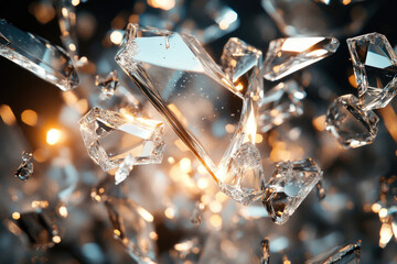 Poster - Shattered glass fragments in motion, sparkling with light, creating a dramatic and visually stunning scene.