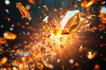 Poster - Exploding shards of amber glass create a radiant, fiery spectacle of light and energy.