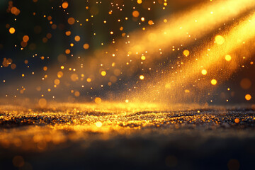 Poster - Golden glitter sparkles and light beams illuminate a dark surface, creating a magical, luxurious atmosphere.