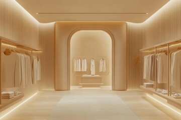 Leinwandbilder - Modern minimalist retail space showcasing clothing in warm, neutral tones with soft lighting. Generative AI
