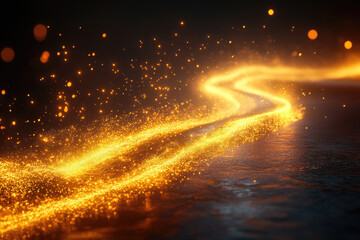 Poster - A shimmering golden path of light and particles winds across a dark surface, creating a magical, ethereal scene.