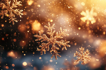 Aufkleber - Golden snowflakes falling in a magical winter wonderland, bokeh lights.
