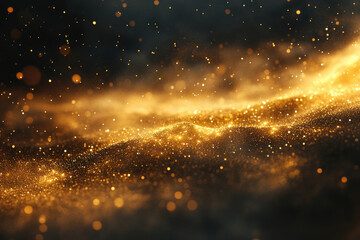 Poster - Golden glitter particles forming a wavy texture on a dark background, sparkling and luminous.