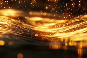 Poster - Golden waves shimmer with sparkling particles, creating a luxurious and magical abstract background.