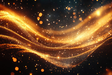 Poster - Abstract gold particles flowing in wavy motion, creating a luxurious and elegant dark background.