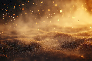 Poster - Golden glitter sparkles on a dark surface with soft lighting and bokeh effect.