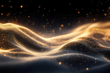Poster - Golden particles form undulating waves against a dark background, glittering with light.
