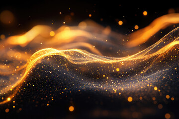 Poster - Golden particles form elegant, flowing waves across a dark background, creating a luxurious and abstract image.