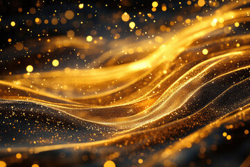 Poster - Golden glittering waves, sparkling particles, luxurious abstract background.