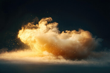 Poster - Golden dust cloud explosion, vibrant and ethereal, against a dark background.