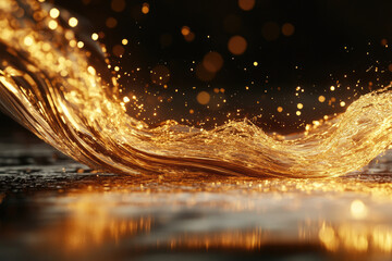Poster - Golden liquid wave splashes, glistening with light and reflecting a radiant glow.