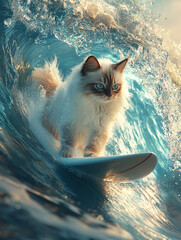 Cat surfing on a wave at sunset near the beach