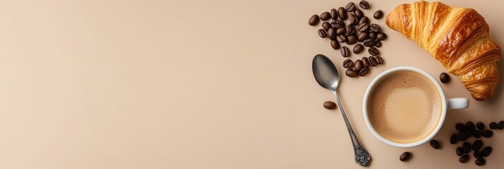 Poster - Enjoying fresh coffee and a buttery croissant on a serene morning for a delightful start to the day. Generative AI
