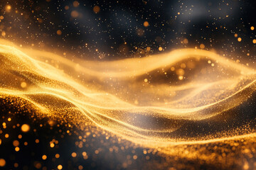 Poster - Abstract golden particles flowing like waves in a dark background, creating a luxurious and elegant visual.