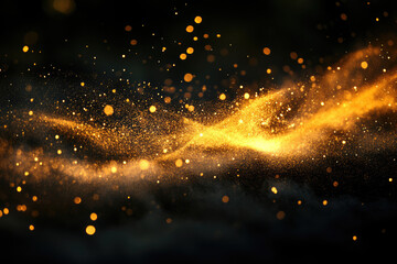 Fototapete - A mesmerizing wave of golden particles and bokeh lights dances across a dark background, creating a magical, luxurious feel.