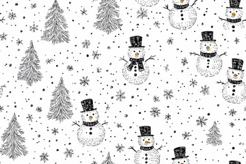 Fototapete - Snowmen, snowflakes, and pine trees, winter-themed doodle seamless pattern.