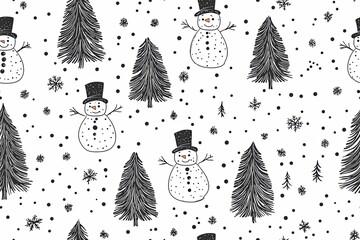 Fototapete - Snowmen, snowflakes, and pine trees, winter-themed doodle seamless pattern.